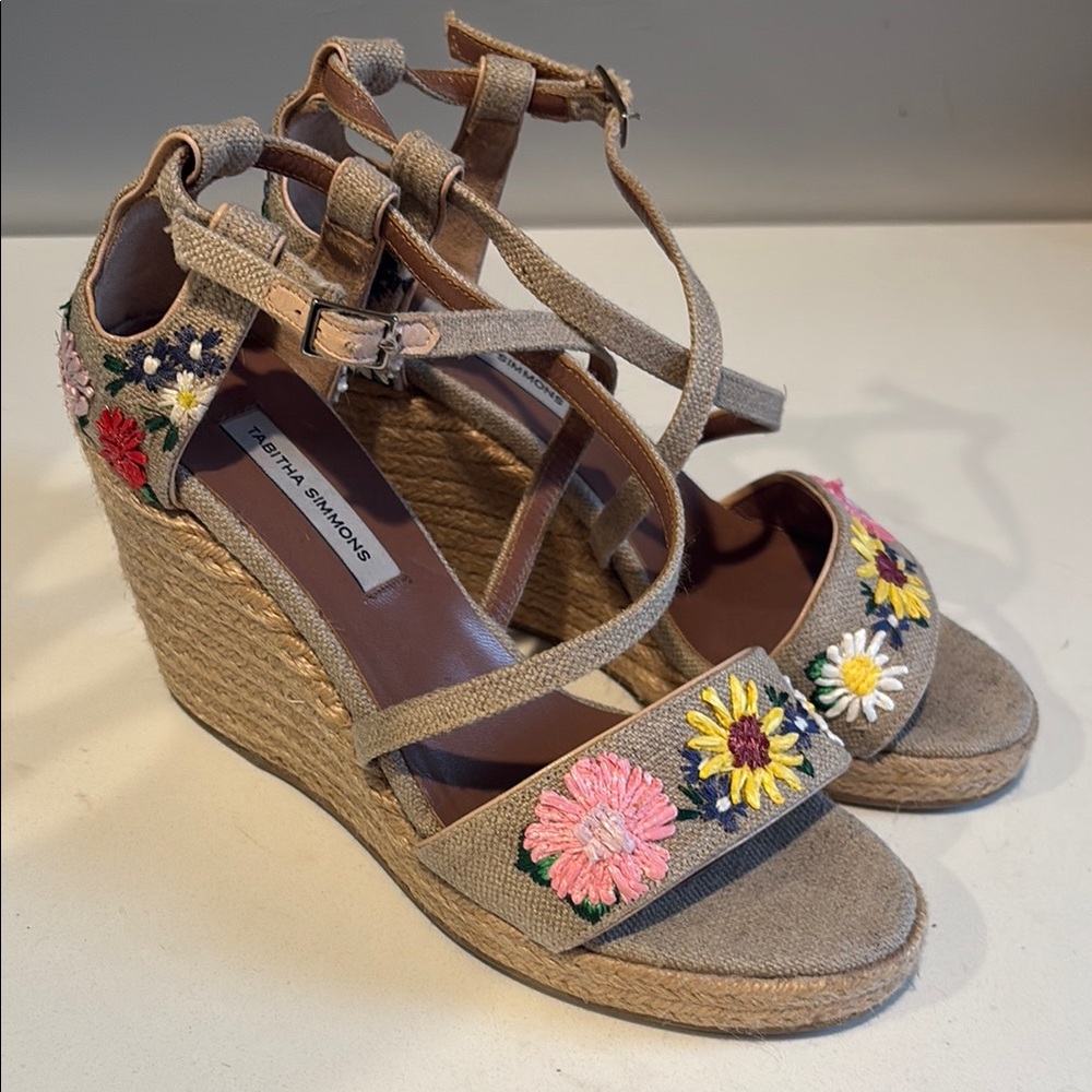 Tabitha Simmons Tan Wedge Sandals with Floral Embroidery